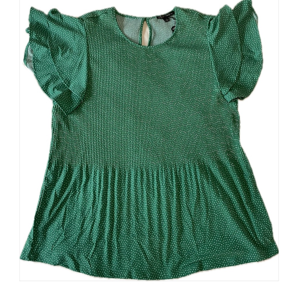 Adrianna Papell Green Polka Dot Ruffle Sleeve Blouse